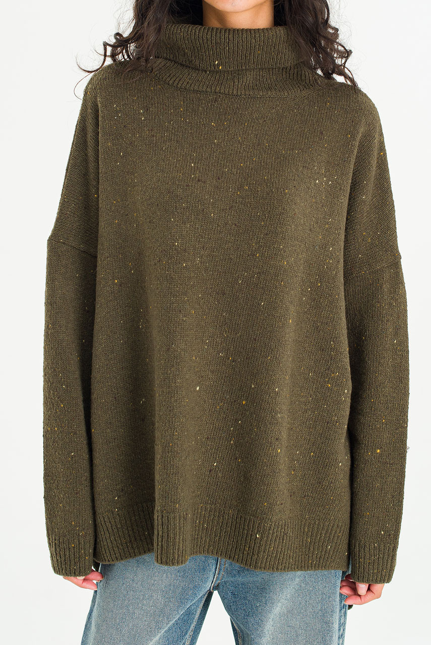Oversize Boucle Roll Neck Jumper, Moss