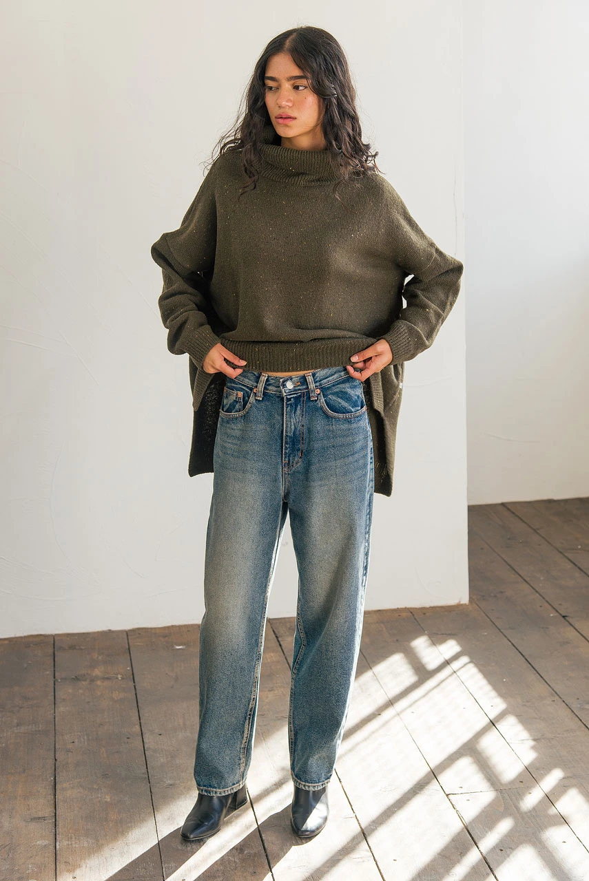 Oversize Boucle Roll Neck Jumper, Moss