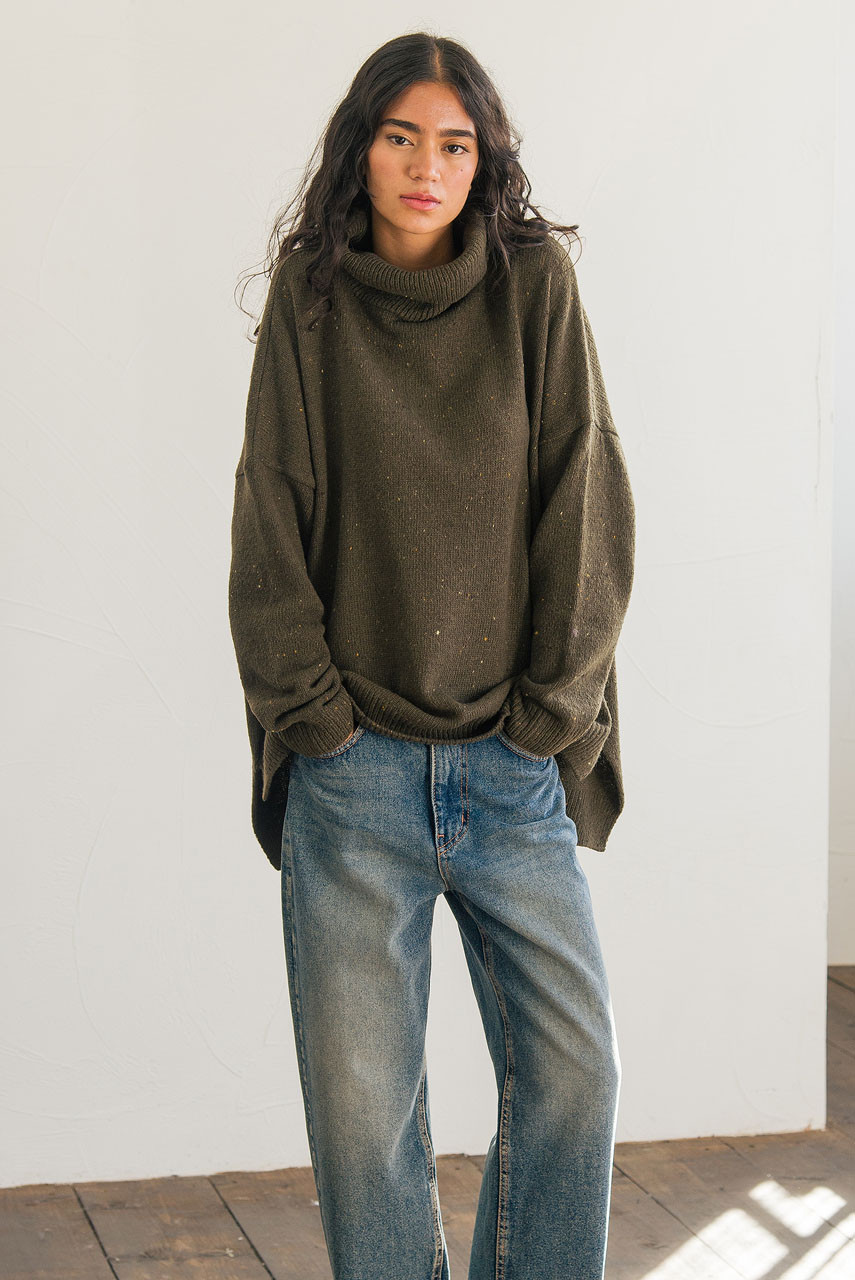 Oversize Boucle Roll Neck Jumper, Moss