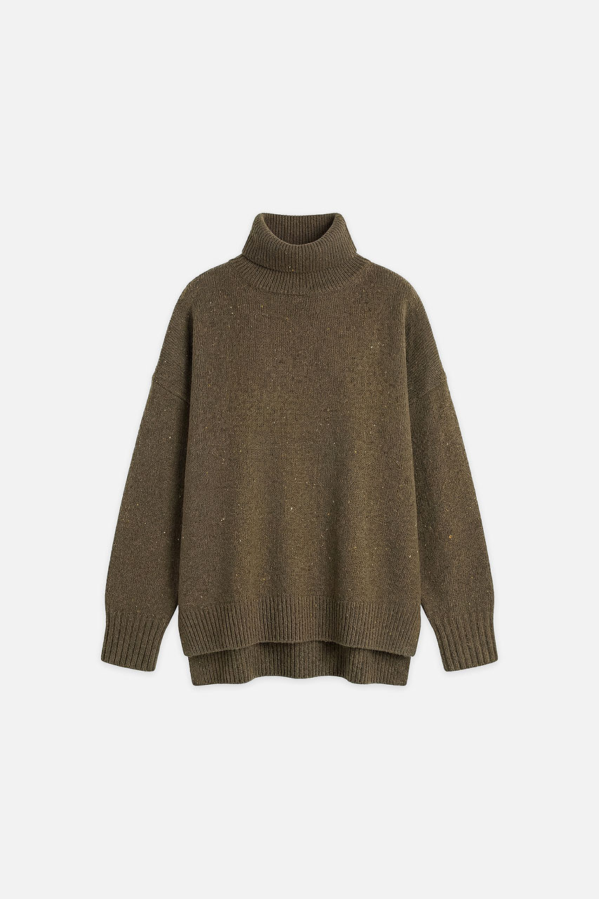 Oversize Boucle Roll Neck Jumper, Moss