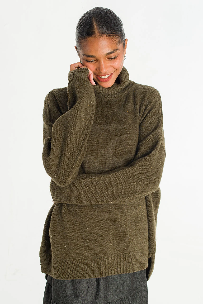 Oversize Boucle Roll Neck Jumper, Moss