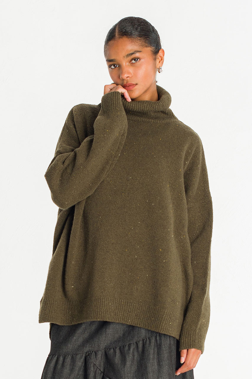 Oversize Boucle Roll Neck Jumper, Moss