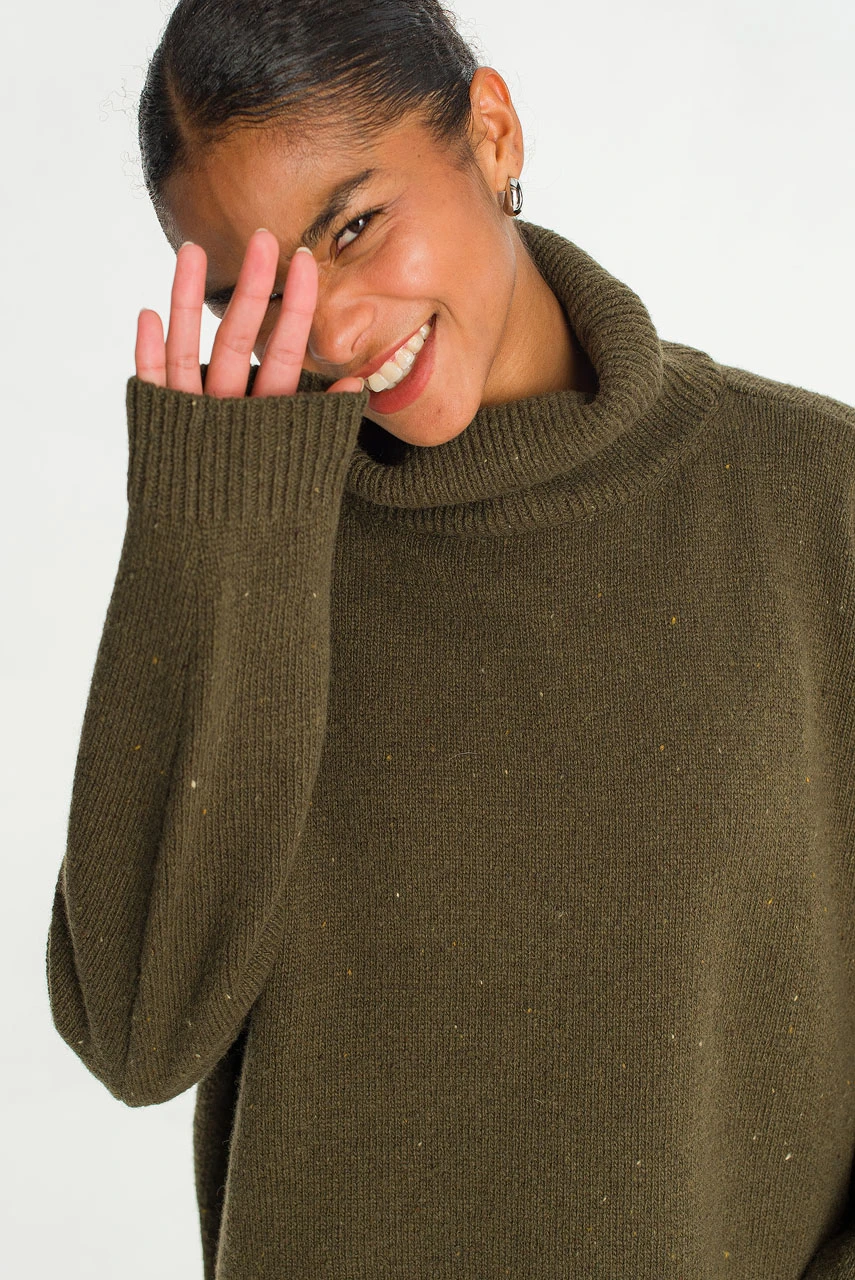 Oversize Boucle Roll Neck Jumper, Moss