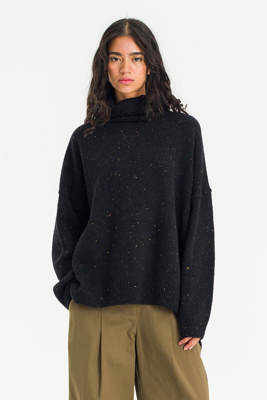 Oversize Boucle Roll Neck Jumper, Black
