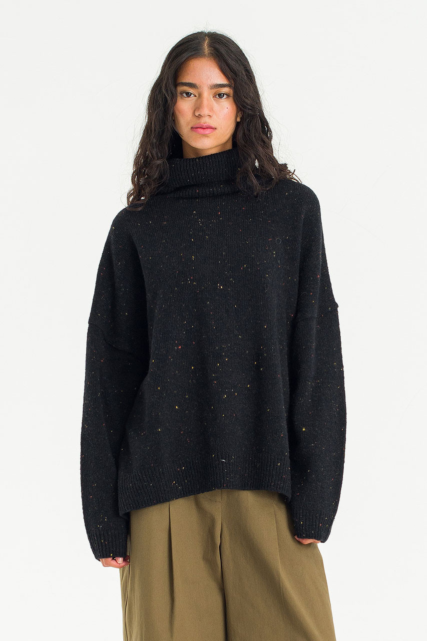 Oversize Boucle Roll Neck Jumper, Black