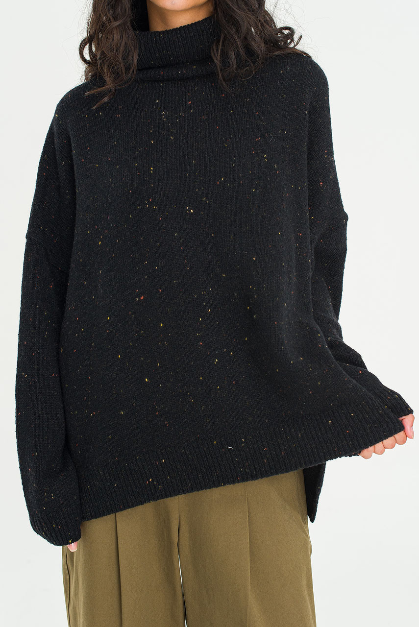 Oversize Boucle Roll Neck Jumper, Black