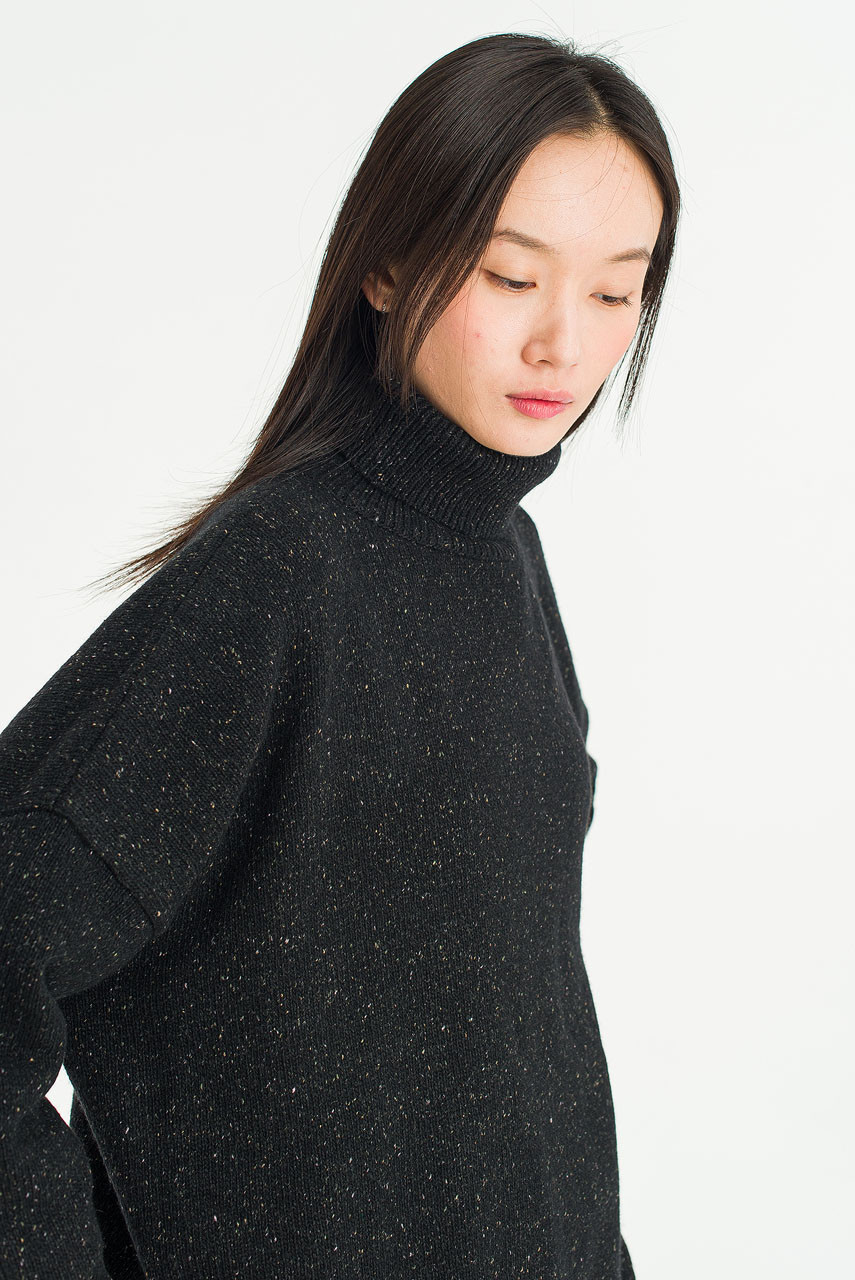Oversize Boucle Roll Neck Jumper, Black