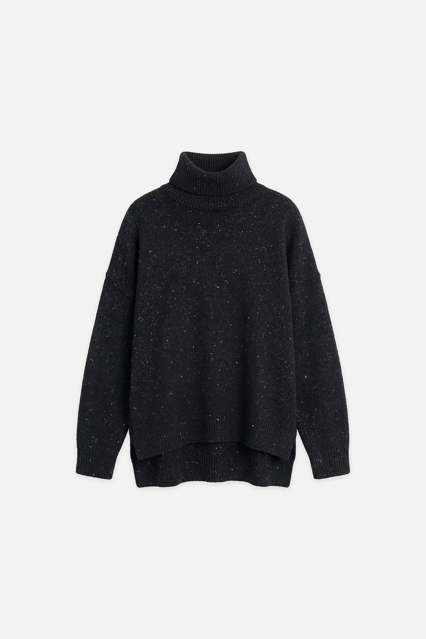 Oversize Boucle Roll Neck Jumper, Black