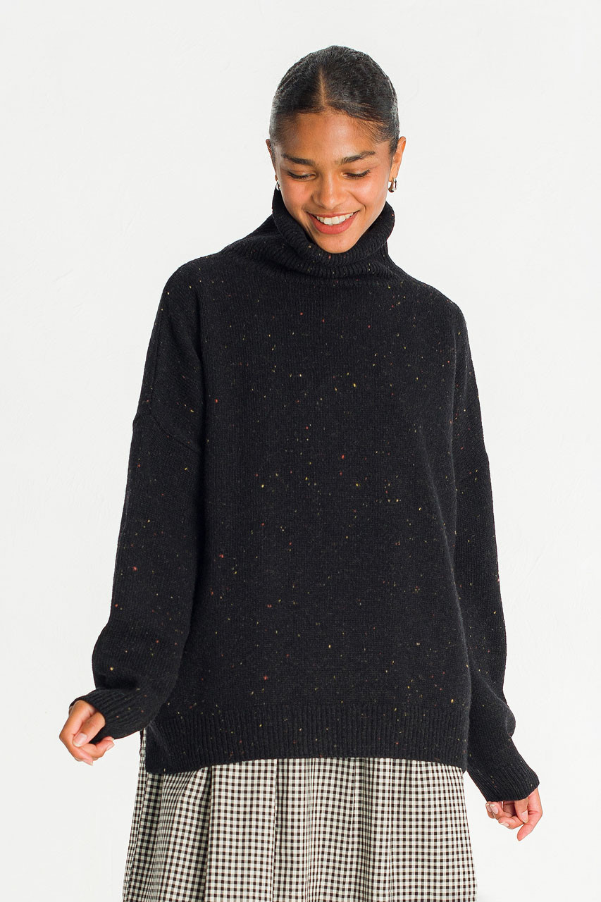 Oversize Boucle Roll Neck Jumper, Black