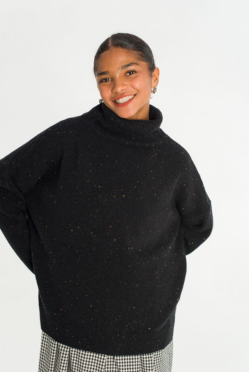 Oversize Boucle Roll Neck Jumper, Black
