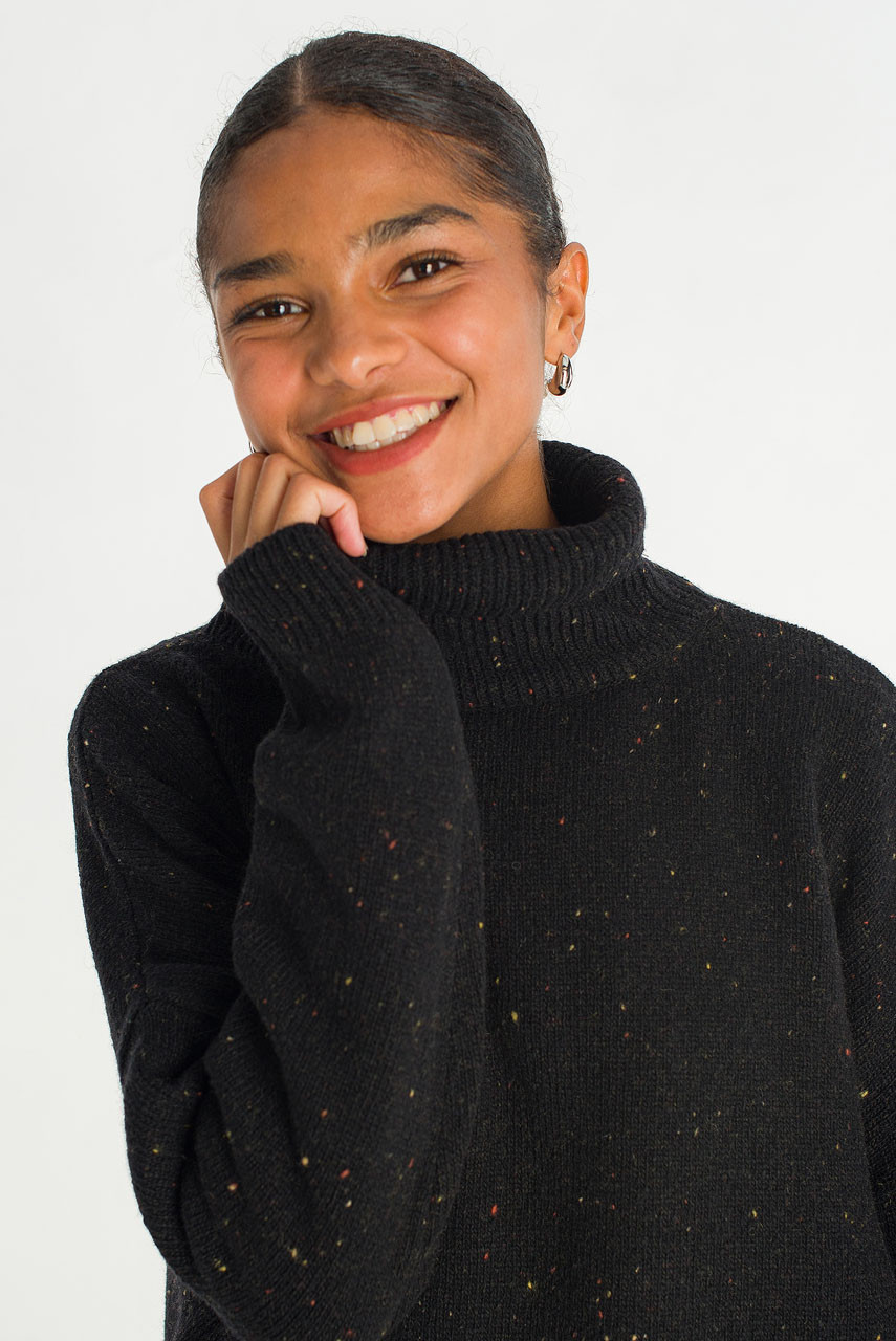 Oversize Boucle Roll Neck Jumper, Black