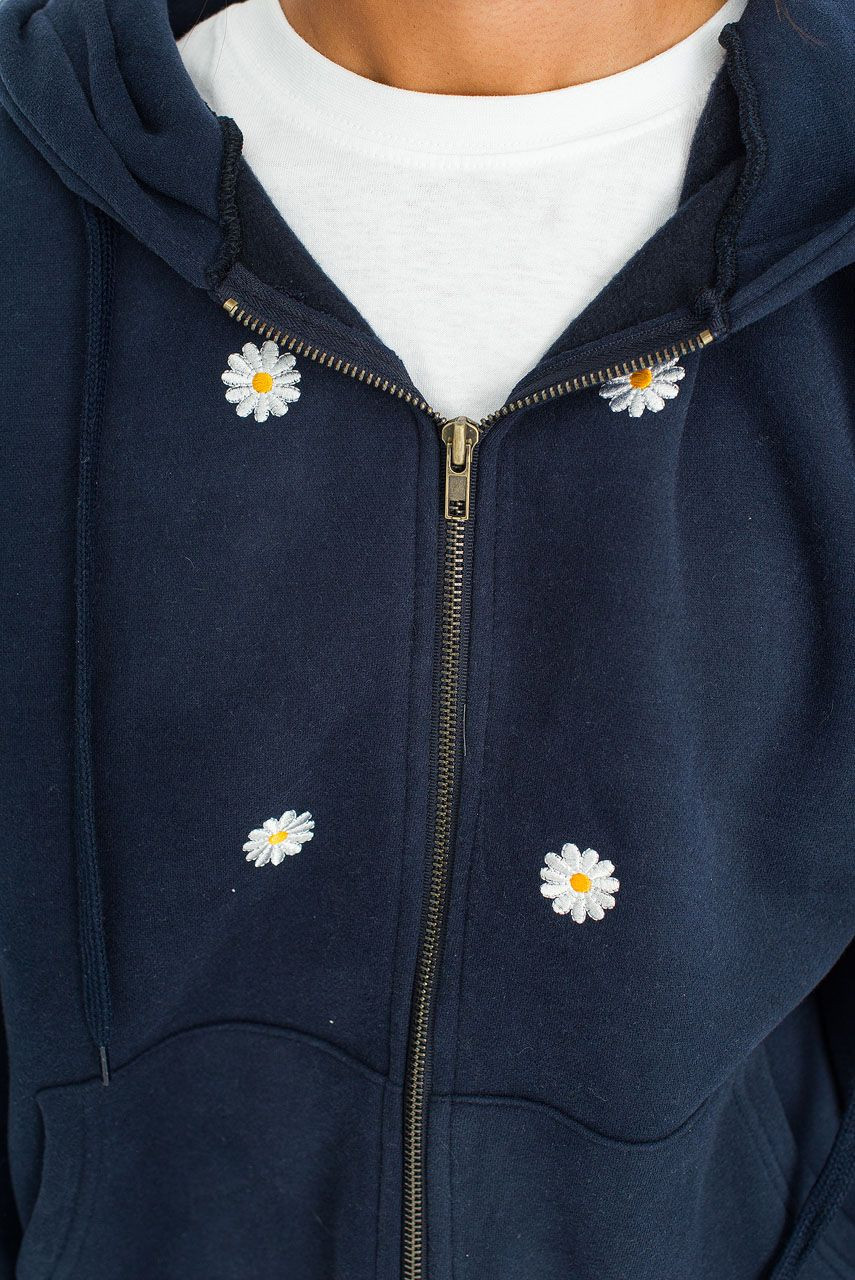 Fleece Daisy Zip Up Hoody, Navy