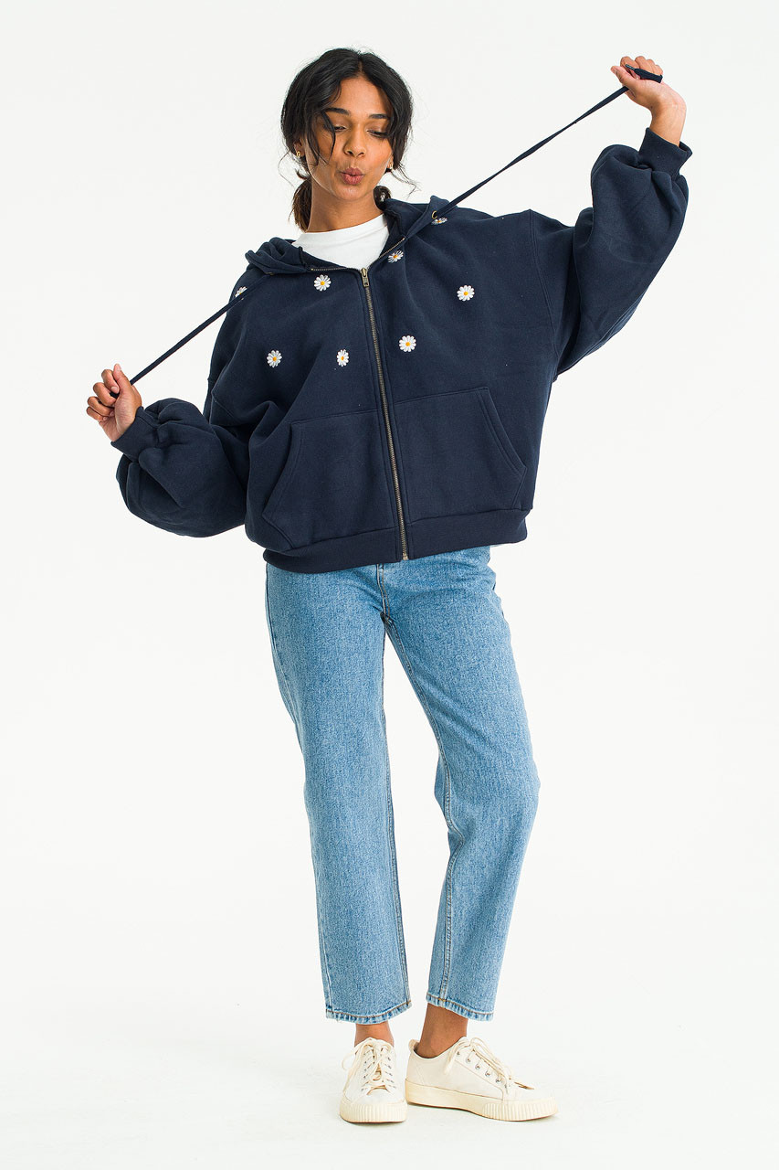 Fleece Daisy Zip Up Hoody, Navy