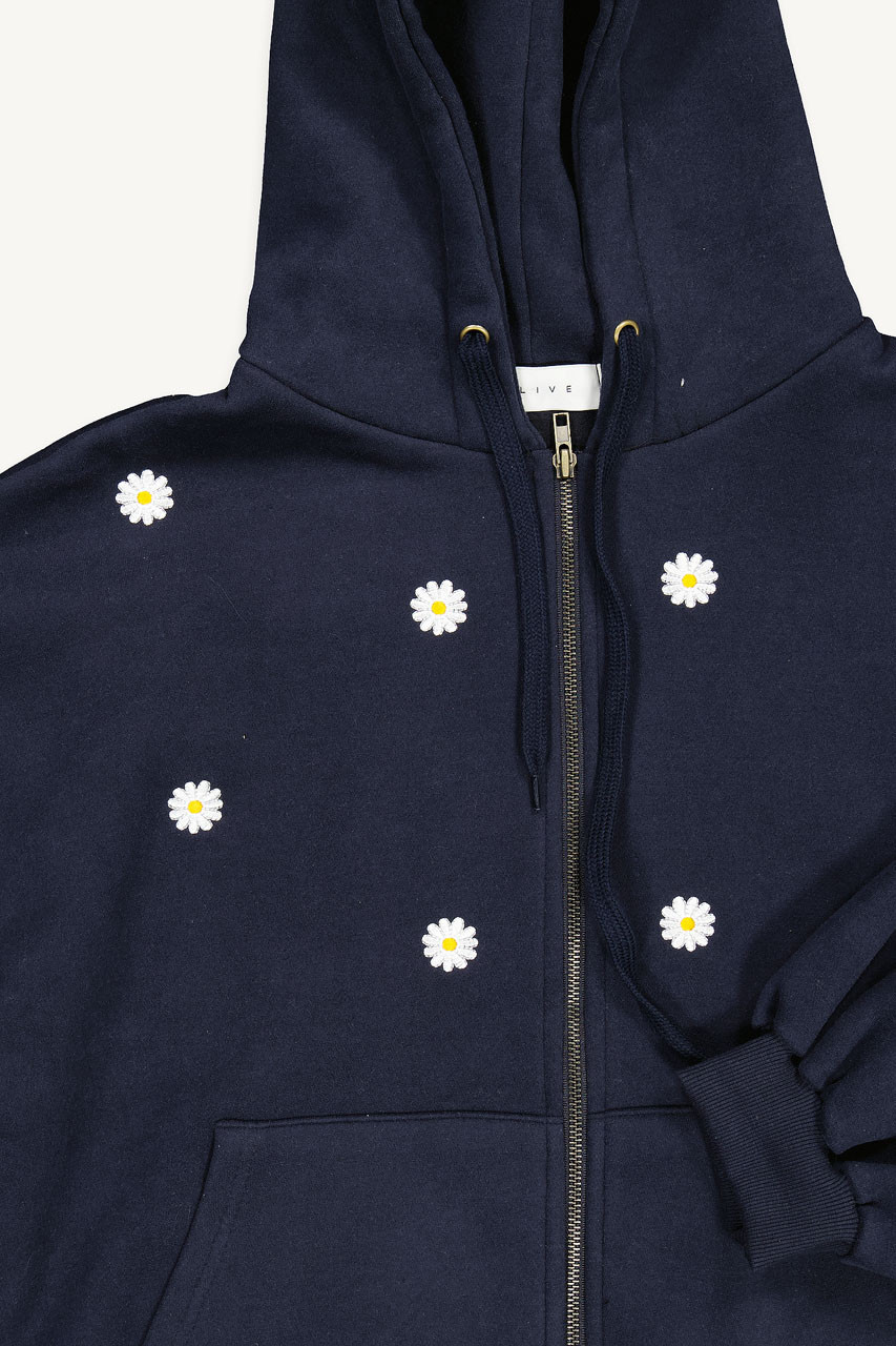 Fleece Daisy Zip Up Hoody, Navy