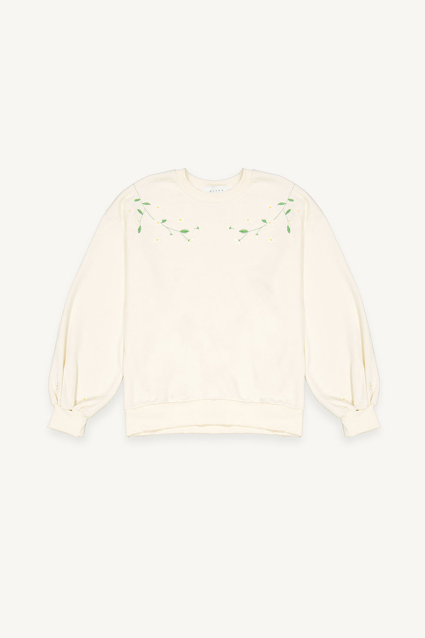 White Lilac Embroidery Sweatshirt, Ivory