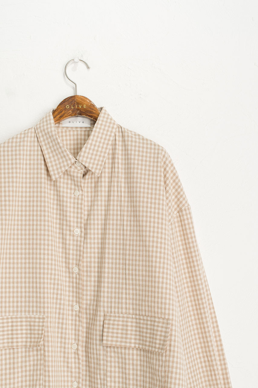 Lightweight Gingham Overshirt, Beige