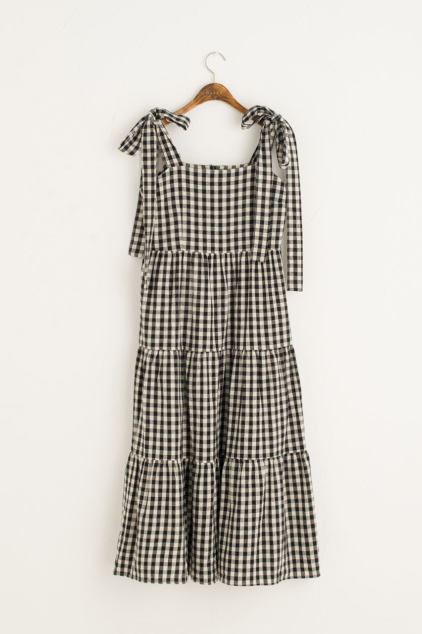 Belle Gingham Ribbon Dress, Black