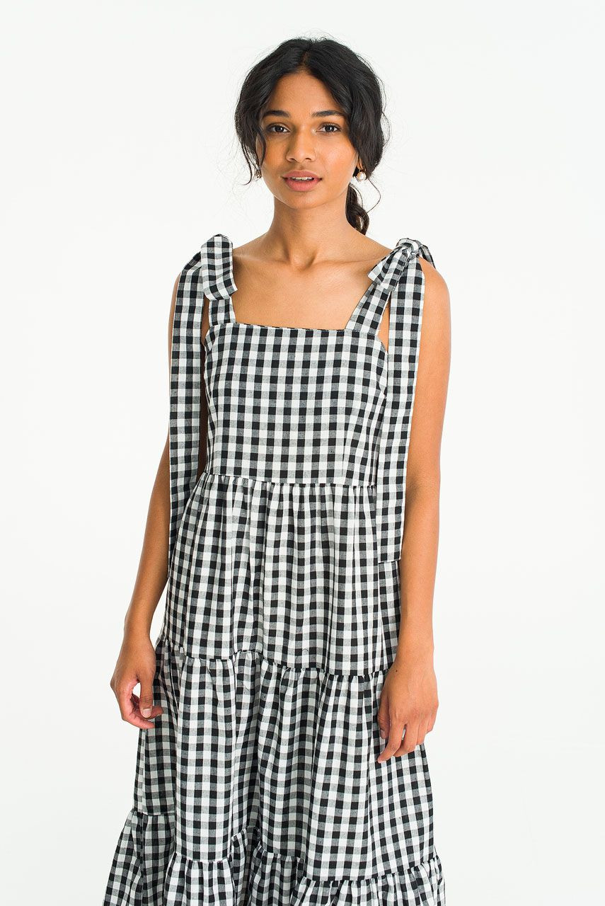 Belle Gingham Ribbon Dress, Black