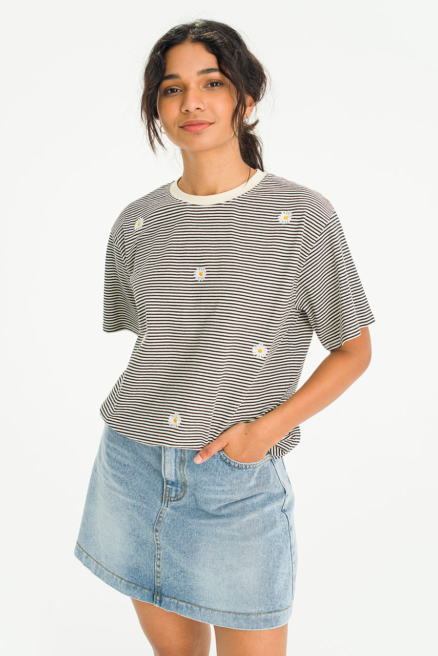 Daisy Embroidered Stripe Tee, Ivory