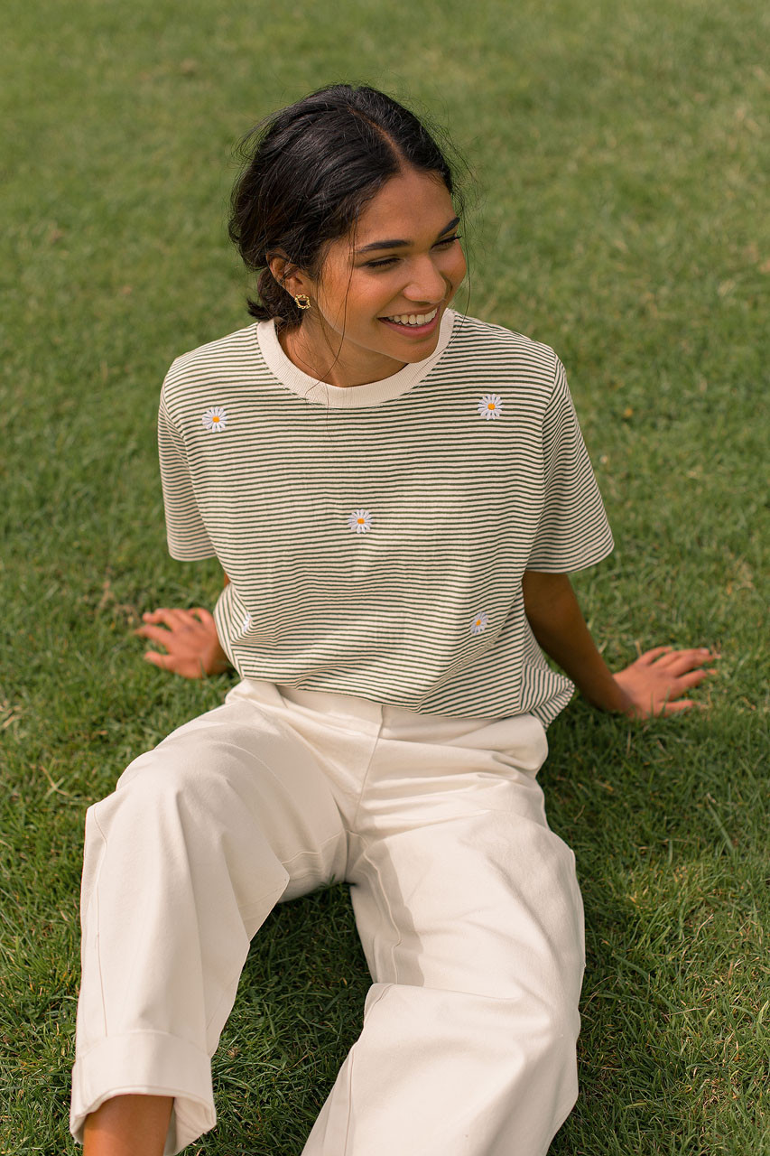 Daisy Embroidered Stripe Tee, Khaki 