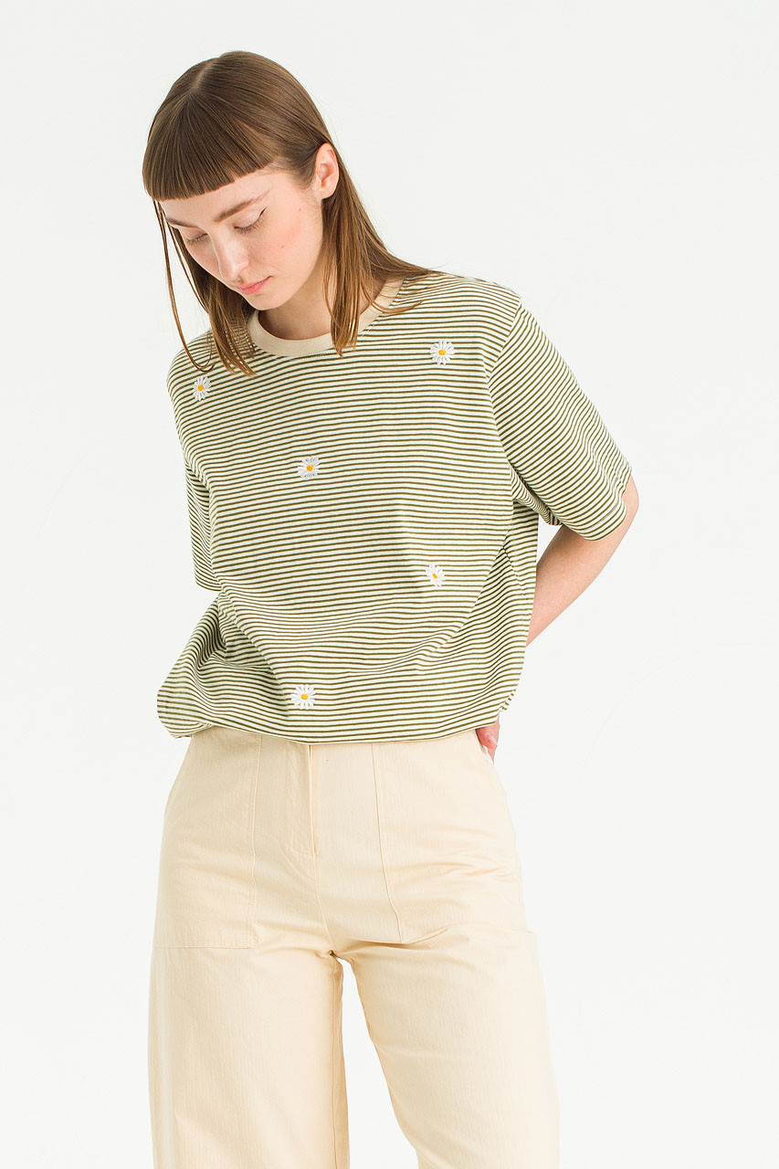 Daisy Embroidered Stripe Tee, Khaki