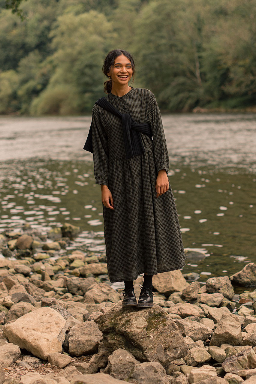 Annie Gingham Dress, Khaki