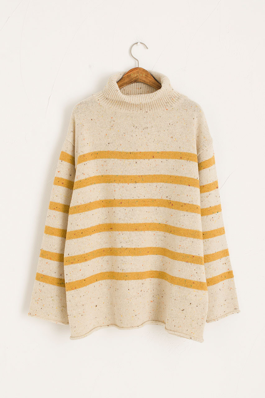 Oversize Stripe Boucle Roll Neck Jumper, Ivory/Mustard