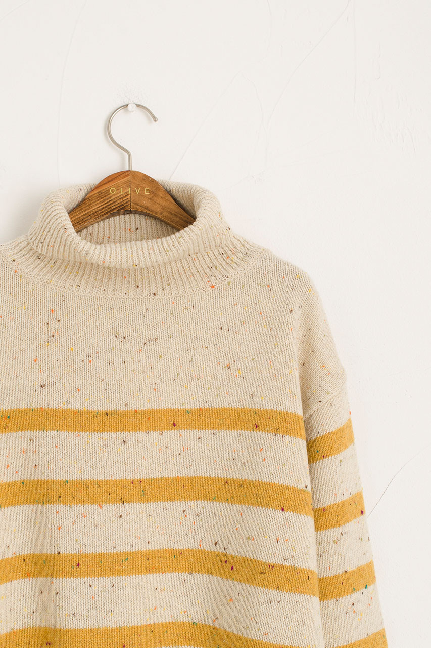Oversize Stripe Boucle Roll Neck Jumper, Ivory/Mustard