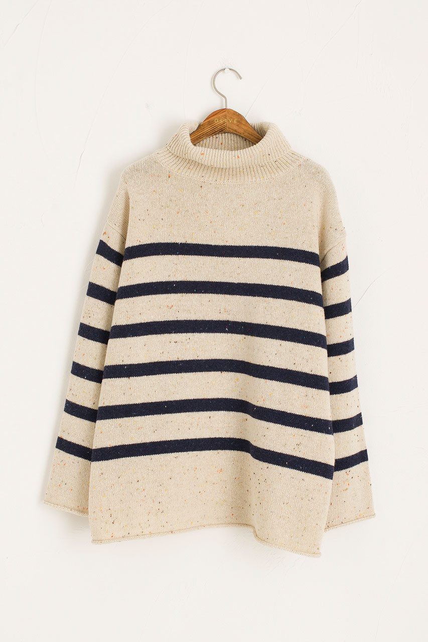 Oversize Stripe Boucle Roll Neck Jumper, Ivory/Navy
