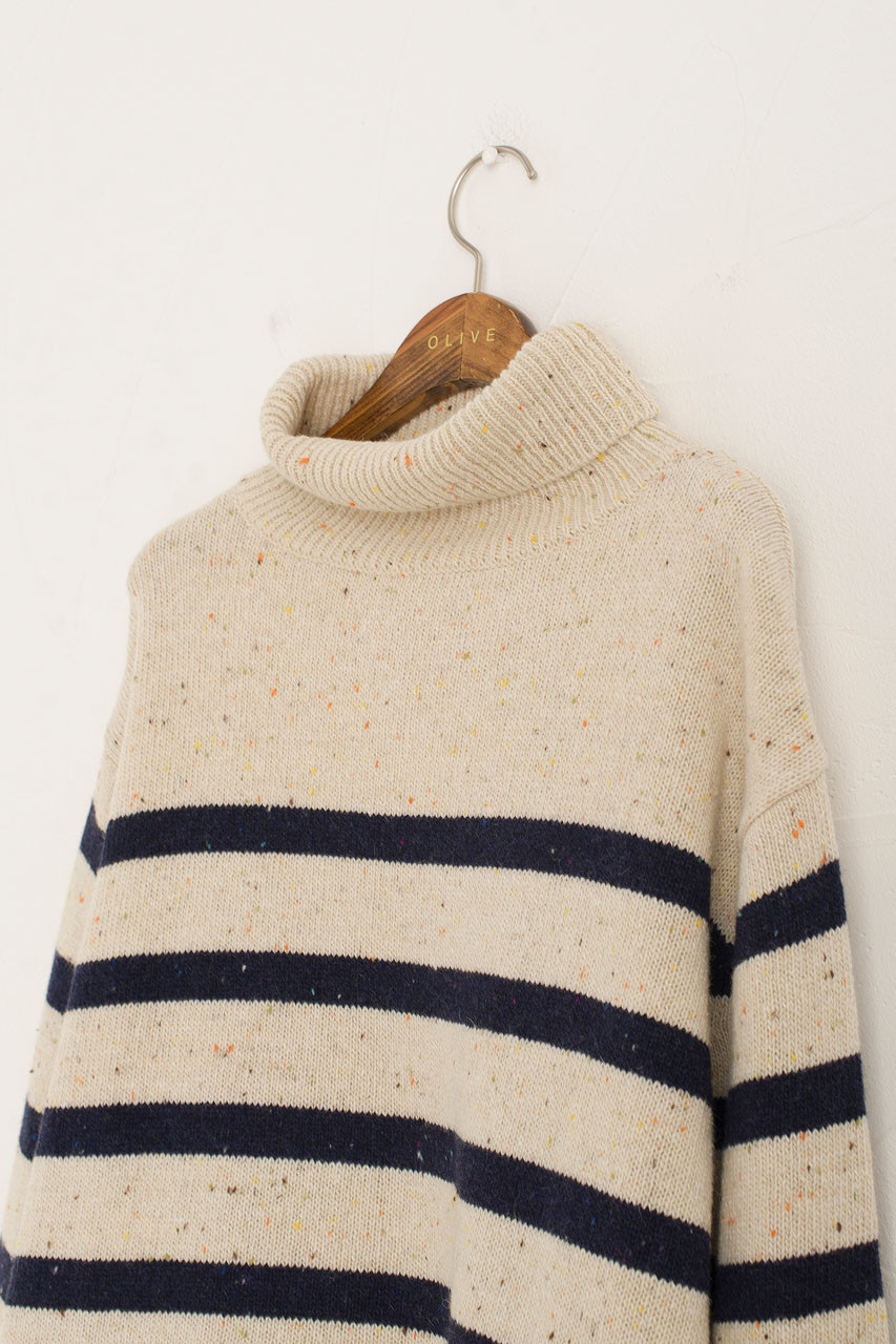 Oversize Stripe Boucle Roll Neck Jumper, Ivory/Navy