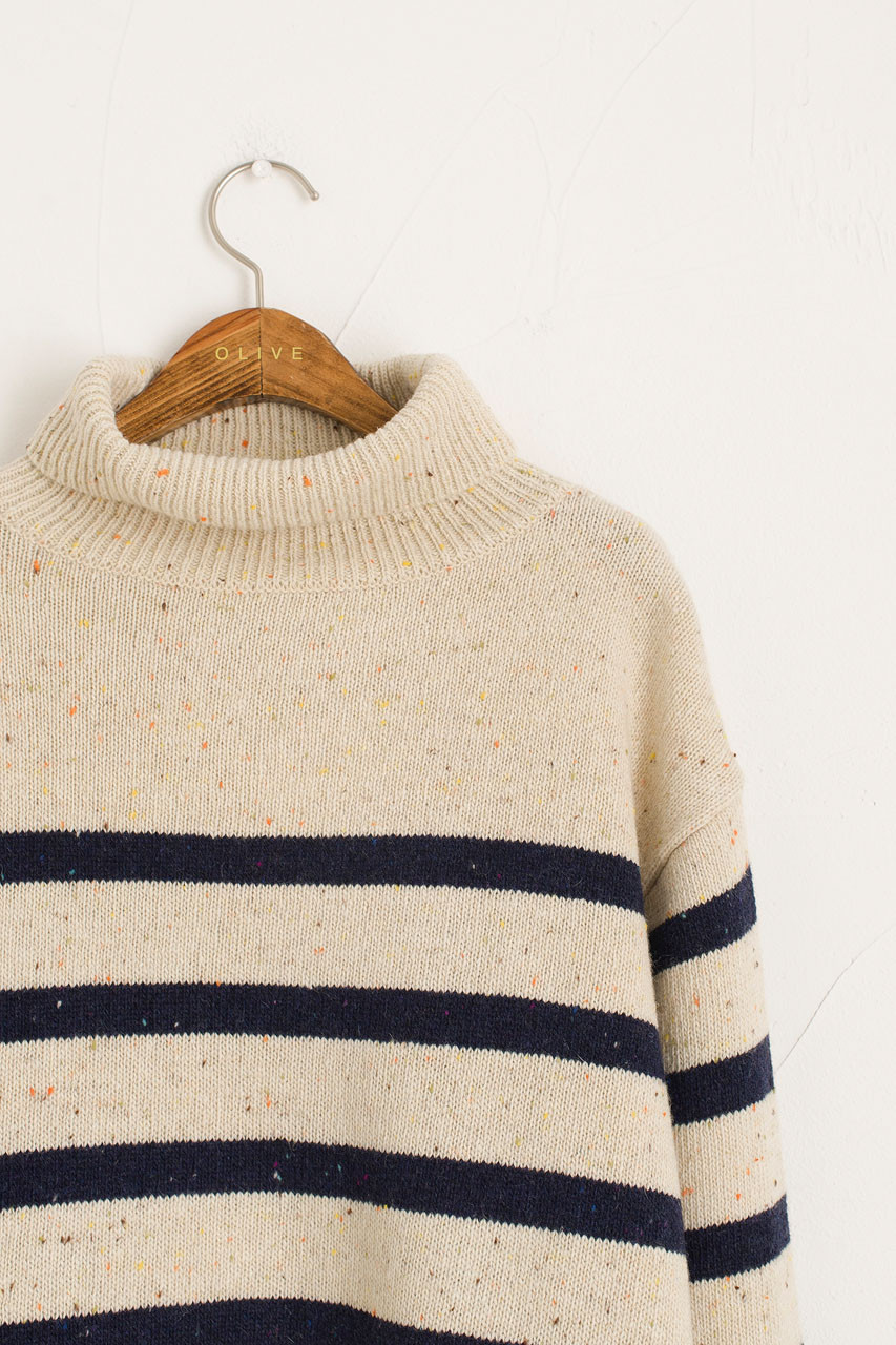 Oversize Stripe Boucle Roll Neck Jumper, Ivory/Navy