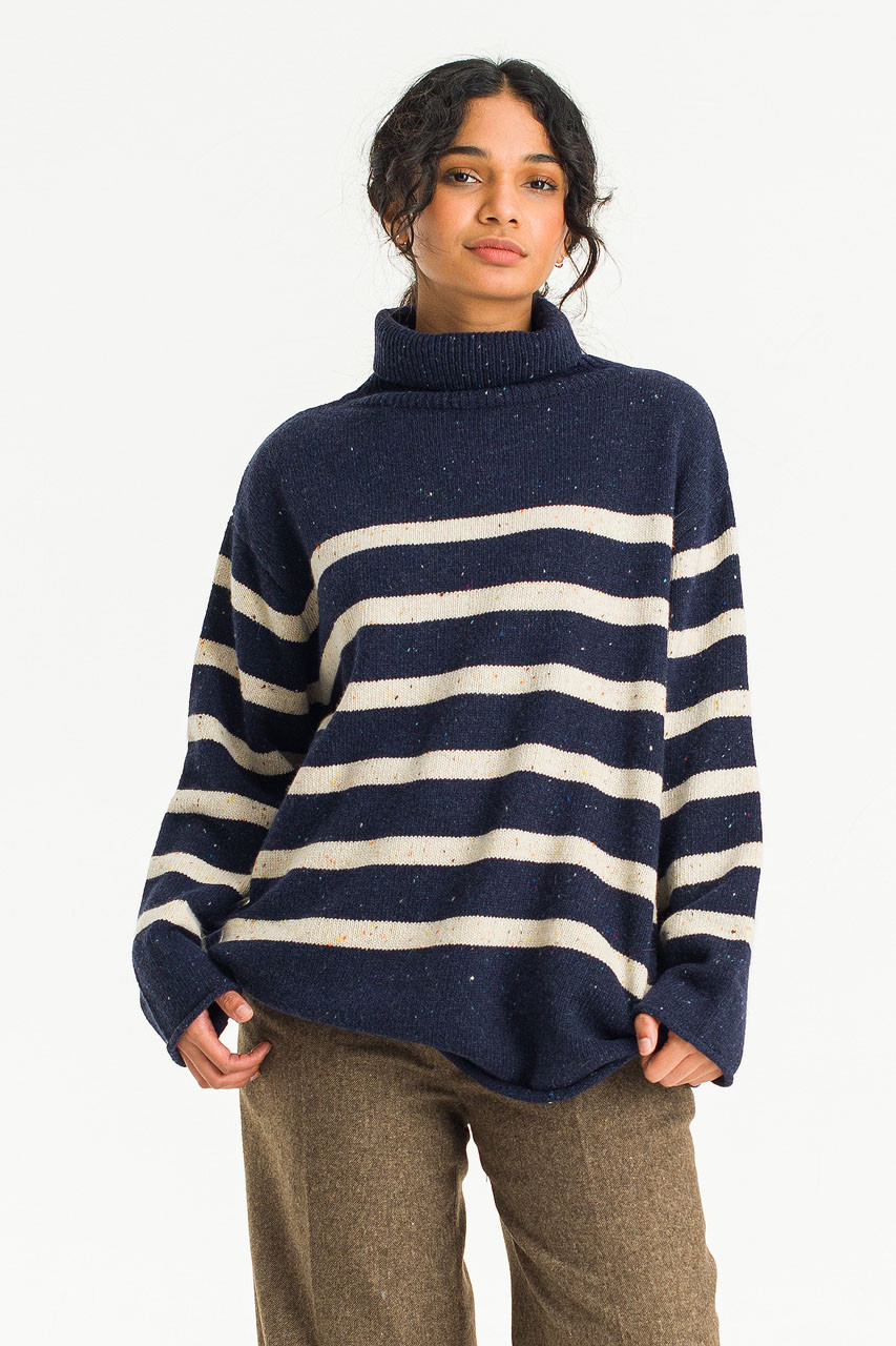 Oversize Stripe Boucle Roll Neck Jumper, Navy/Ivory