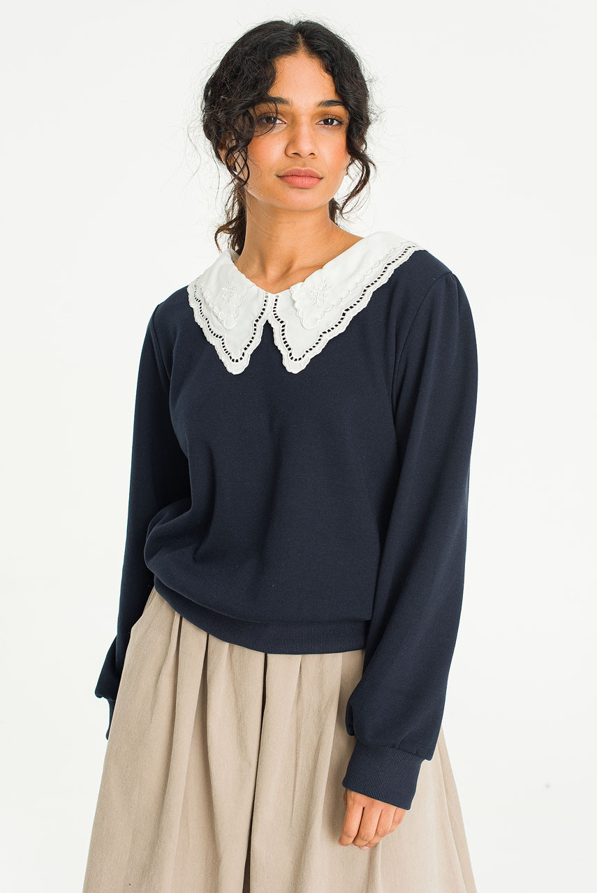 Layered Collar Fleece Sweatshirt, Navy