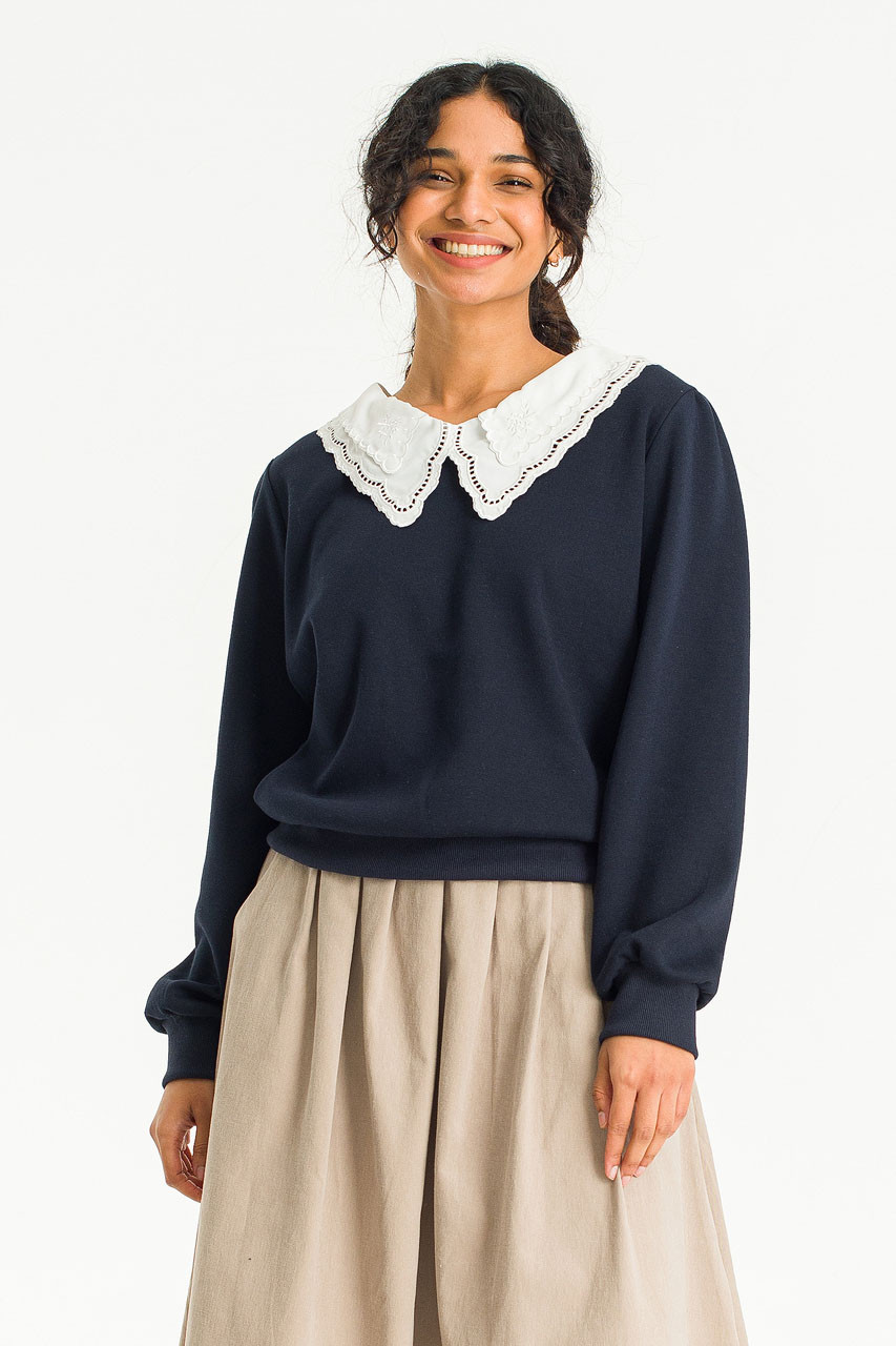 Layered Collar Fleece Sweatshirt, Navy
