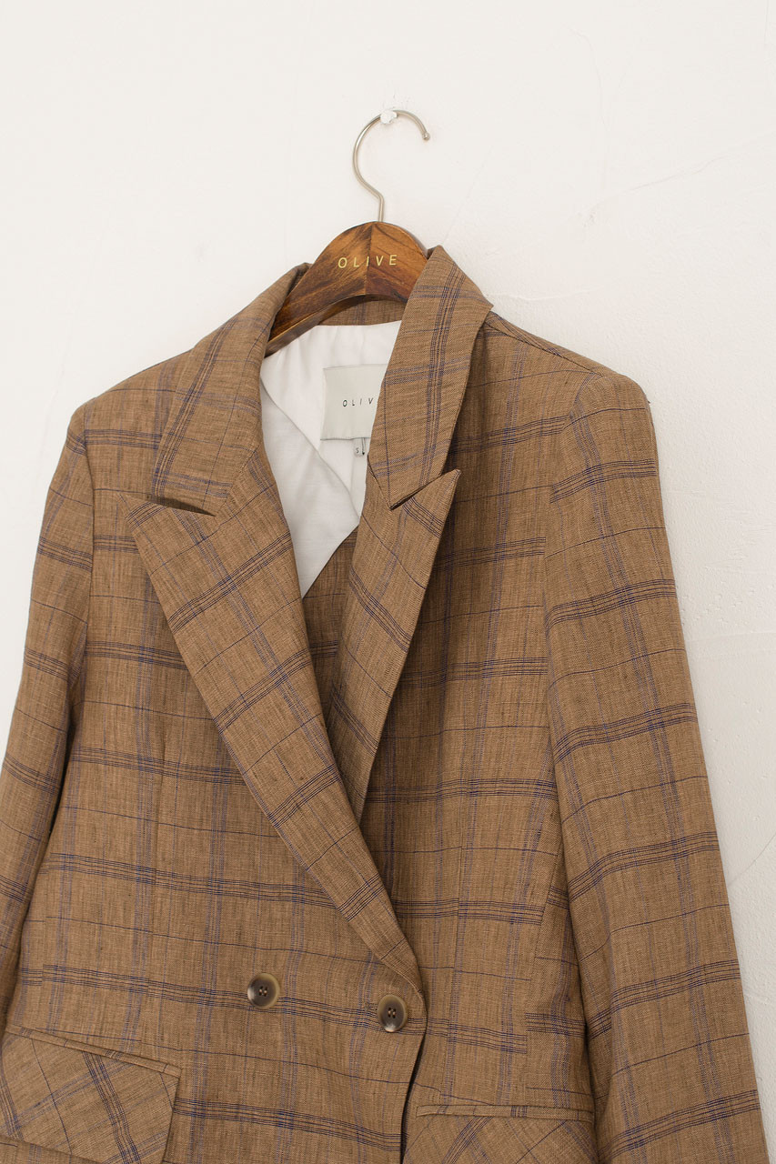 Linen Double Button Check Jacket, Brown
