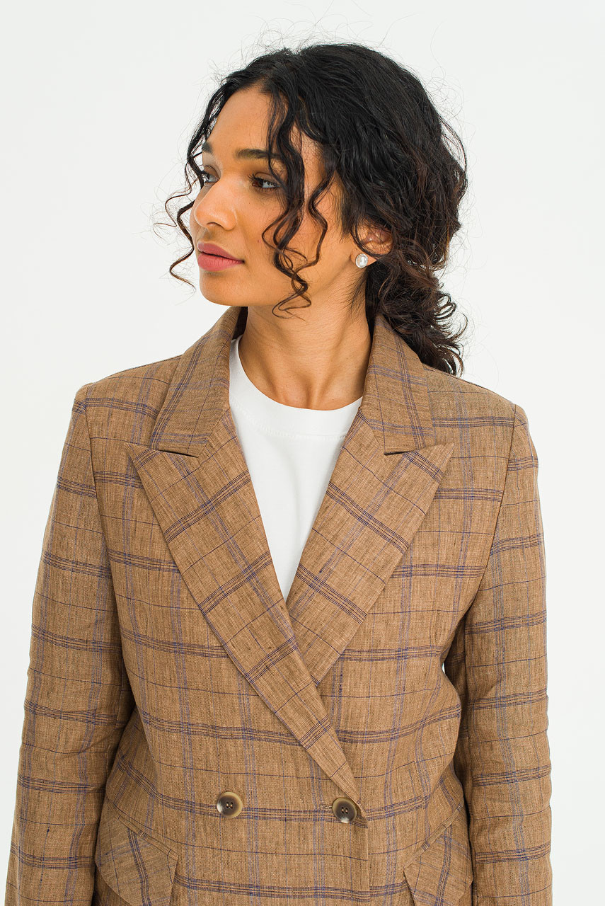 Linen Double Button Check Jacket, Brown