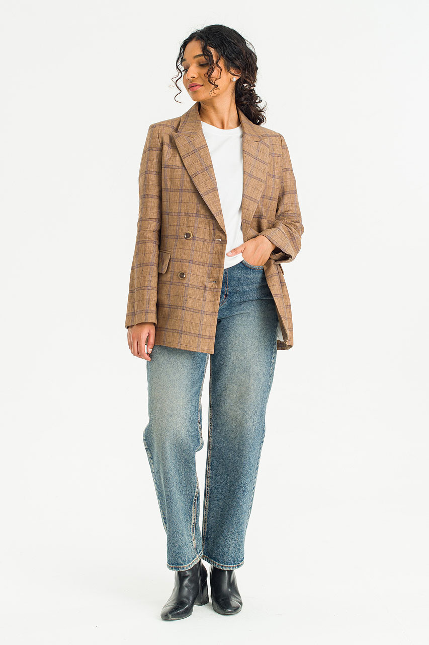 Linen Double Button Check Jacket, Brown