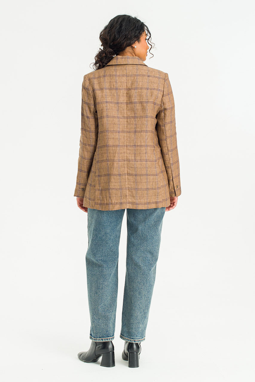 Linen Double Button Check Jacket, Brown