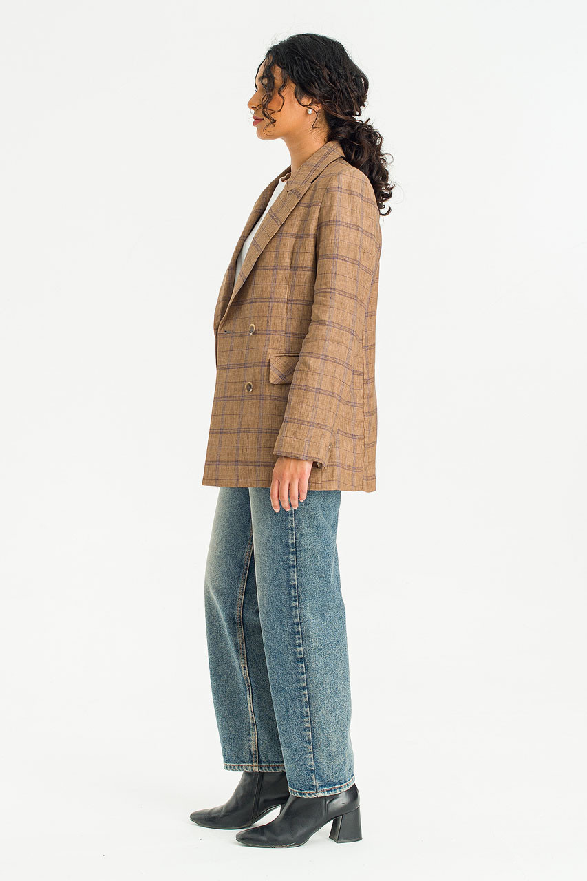 Linen Double Button Check Jacket, Brown