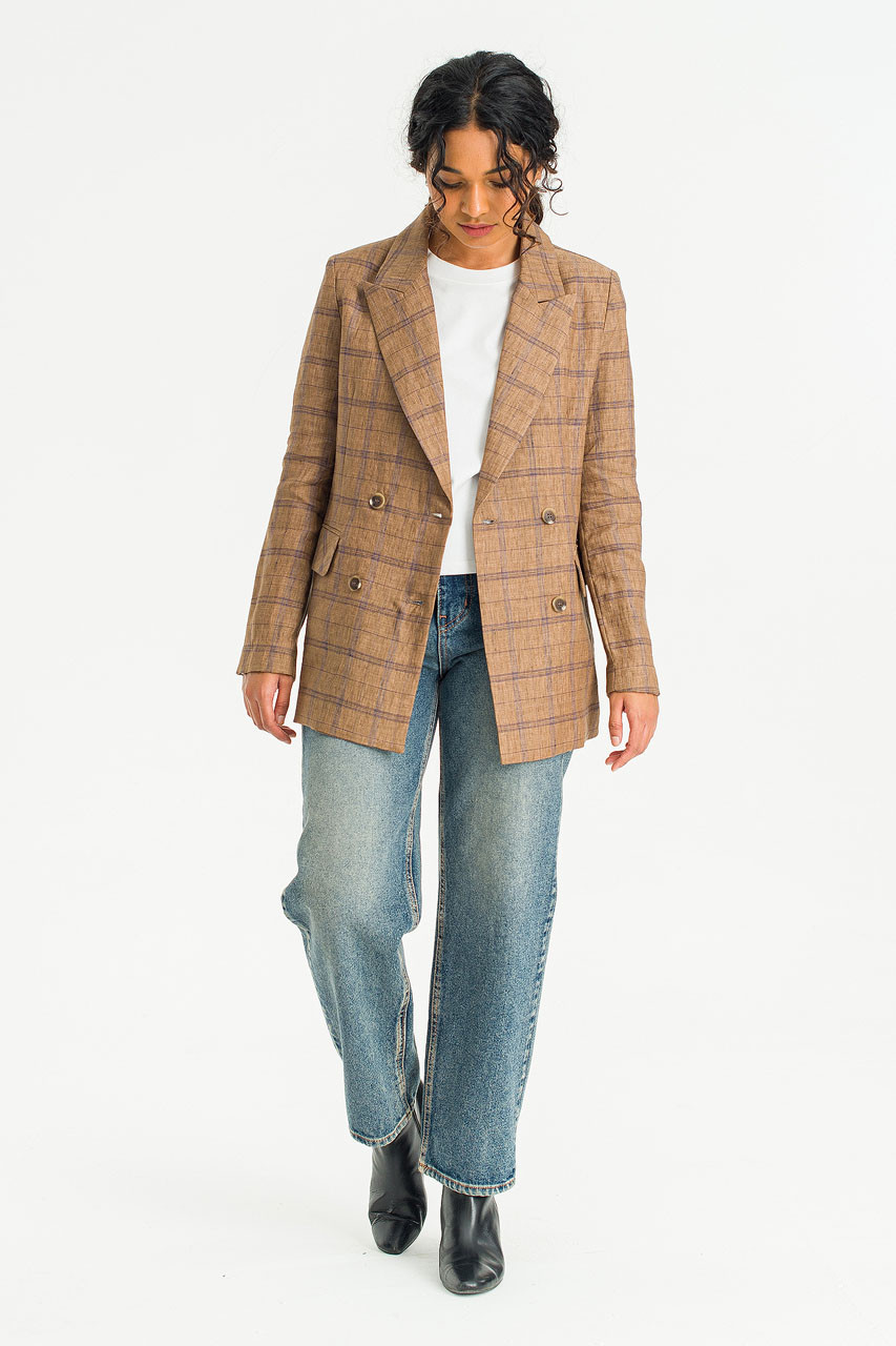 Linen Double Button Check Jacket, Brown