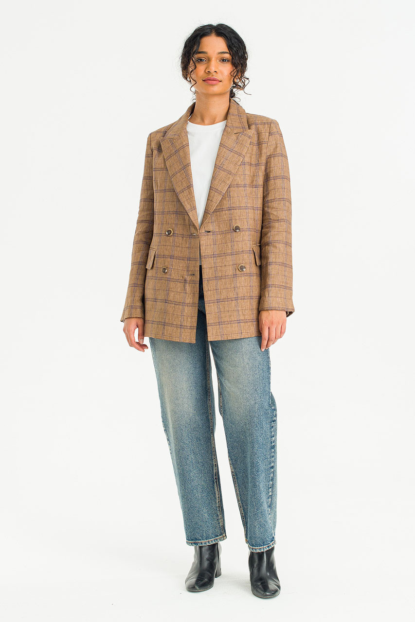Linen Double Button Check Jacket, Brown