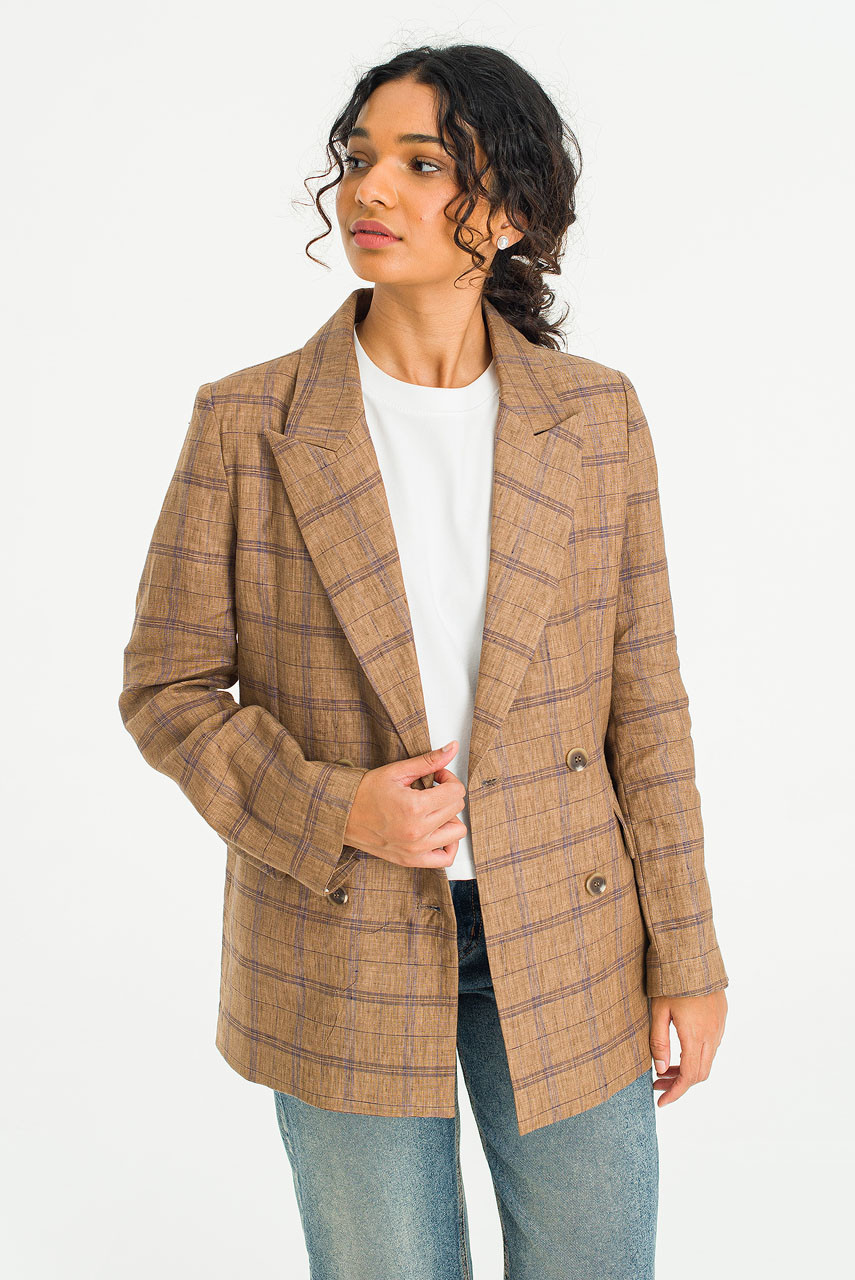 Linen Double Button Check Jacket, Brown