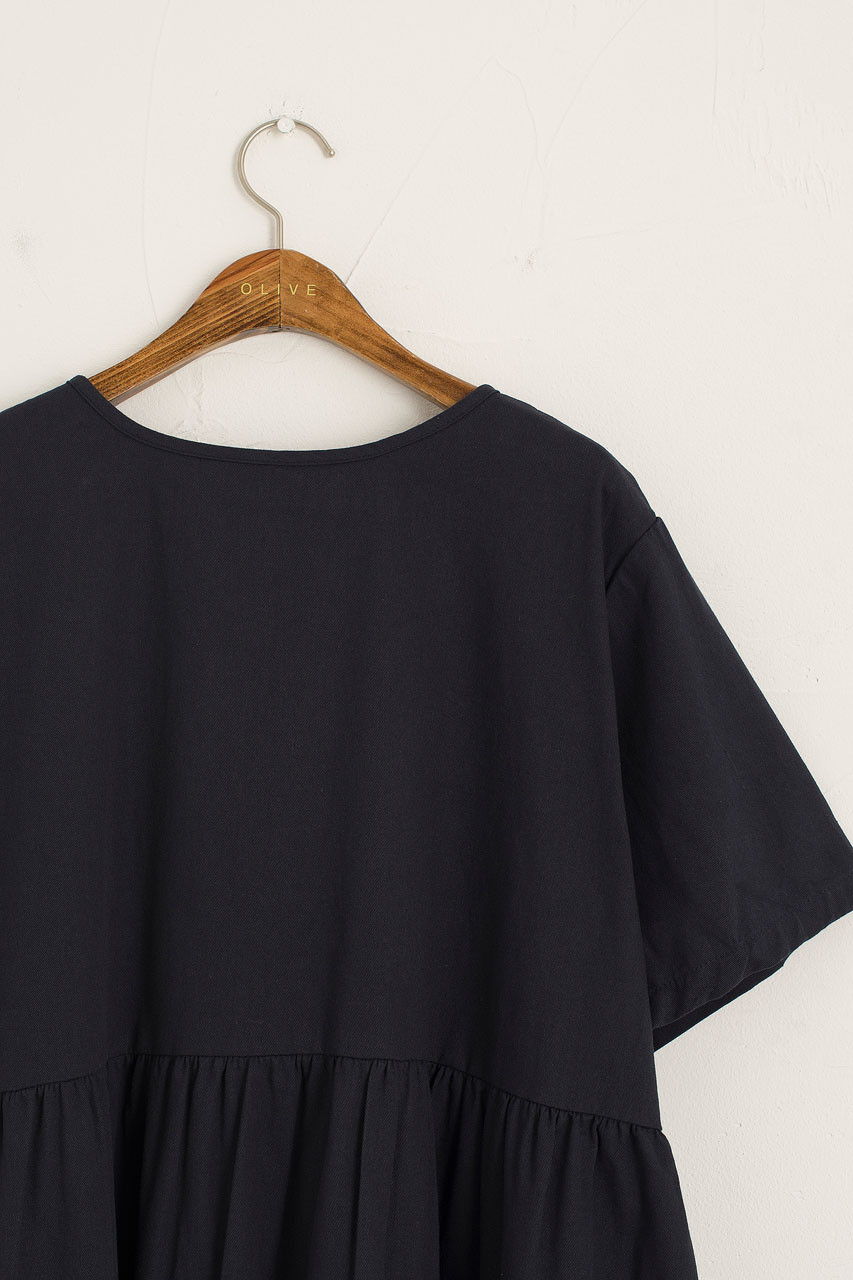 Short Sleeve Ribbon Back Cotton Dress, Navy