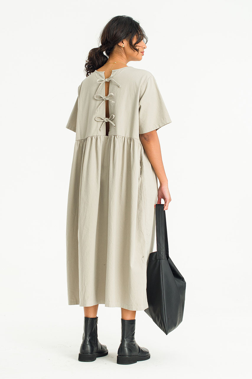 Short Sleeve Ribbon Back Cotton Dress, Grey
