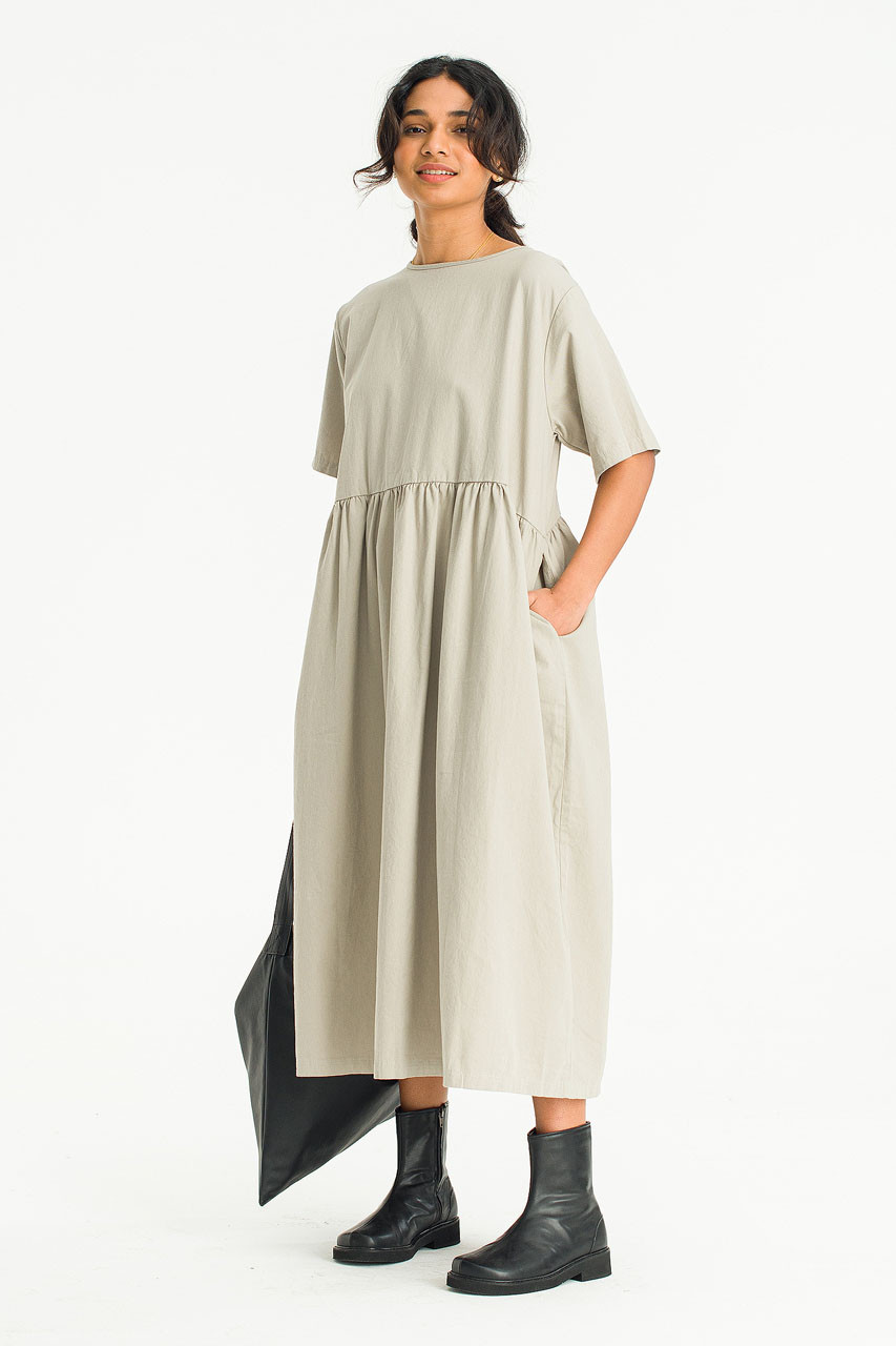 Short Sleeve Ribbon Back Cotton Dress, Grey