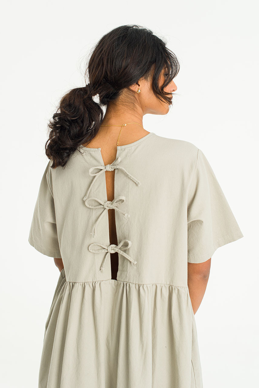 Short Sleeve Ribbon Back Cotton Dress, Grey