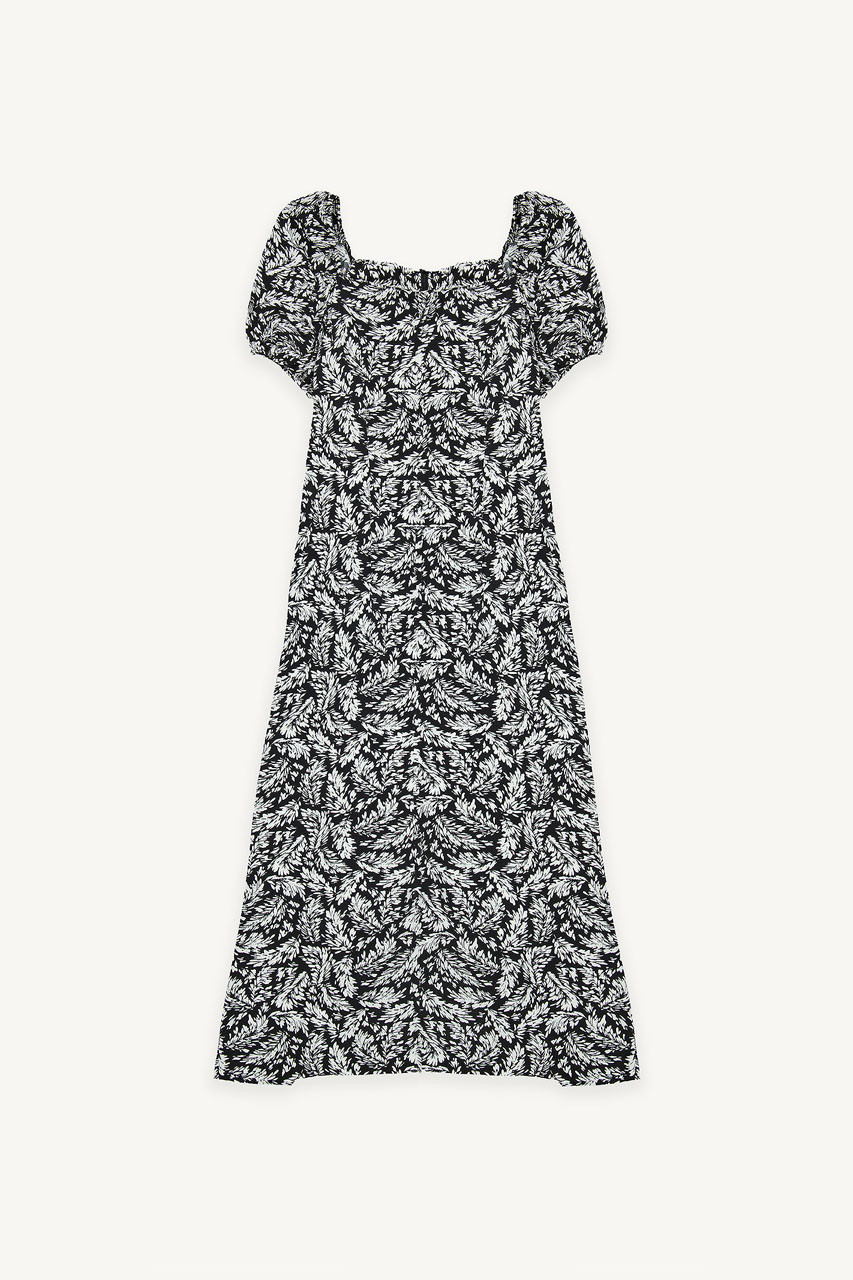 Square Neck Leaf Print Dress, Black