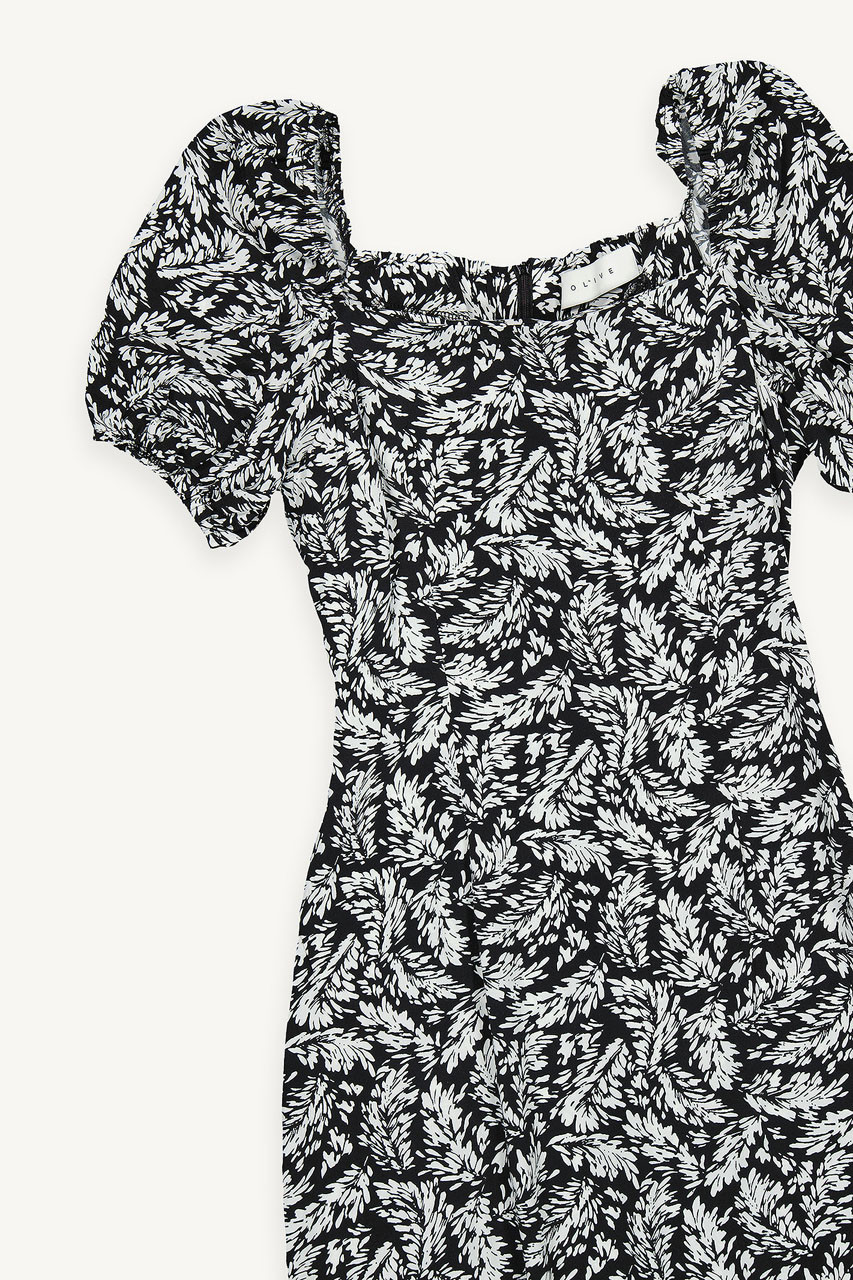Square Neck Leaf Print Dress, Black