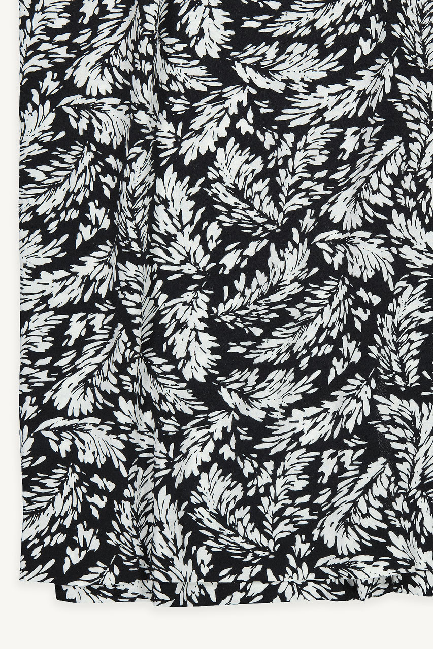 Square Neck Leaf Print Dress, Black