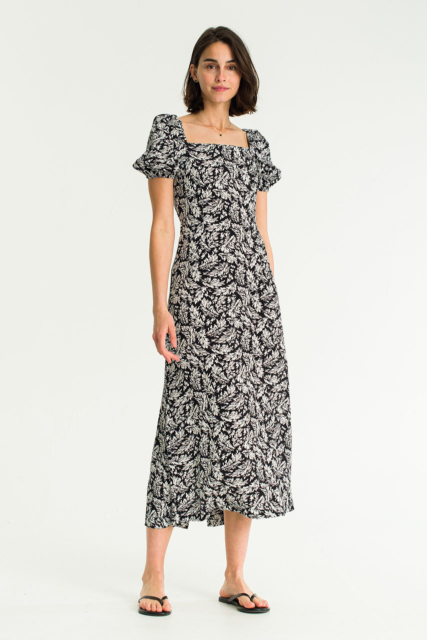 Square Neck Leaf Print Dress, Black
